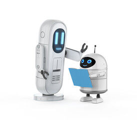 Machine learning concept with friendly robot reading a book