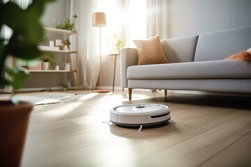 Modern autonomous vacuum cleaner cleans the floor in the living room in the apartment - obrazy, fototapety, plakaty