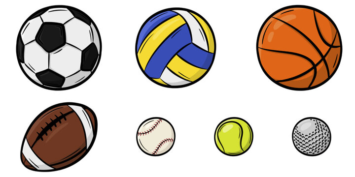 Set of sports ball illustration doodle collection. Colorful cartoon sketch isolated on white background