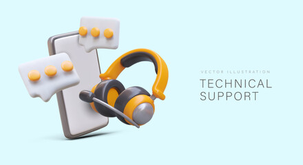 Virtual operator. Chat with assistant. Information department, reference service. Banner for landing page. Template with realistic illustration, place for contact details, phone