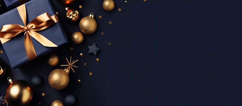 The Christmas background is dark blue and it features gift boxes and gold baubles. It is presented in a flat lay style with a top view and empty space for adding text or other elements.