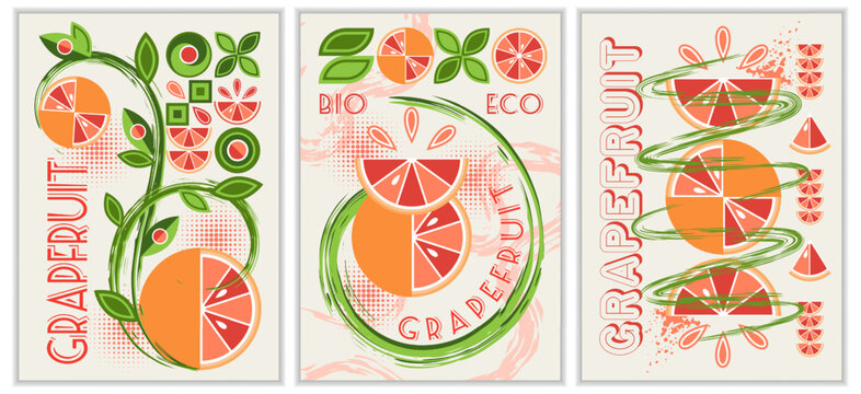 Set of vertical A4 poster with grapefruit, abstract shapes in simple geometric style Good for branding, decoration of food package, cover design, decorative print, background, wall prints