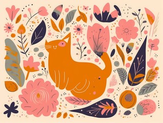 Cute spring pattern with cat. Decorative abstract horizontal banner with colorful doodles. Hand-drawn modern illustration with cats, flowers, abstract, Generative AI
