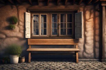 Old wooden bench under the window of an old half-timbered house. quiet street of an old european village 3d rendering