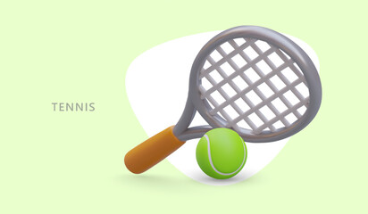 Realistic net racket, tennis ball. Sports accessories. Concept for sports equipment store. Announcement of opening of tennis court. Coach services. Recreation