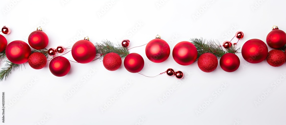 Poster christmas composition featuring a garland made of red balls and branches of a fir tree on a white ba