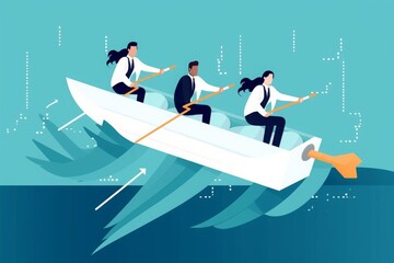 The Team. Working together for business success. Group of three business workers rowing and flying on white arrow. Business illustration, Generative AI