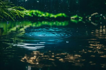 reflection in water and waterdrop falling on water's surface 
Created using generative AI tools