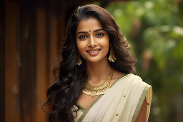 Happy smiling female of Indian ethnicity wearing traditional Kerala style sari in the outdoor.