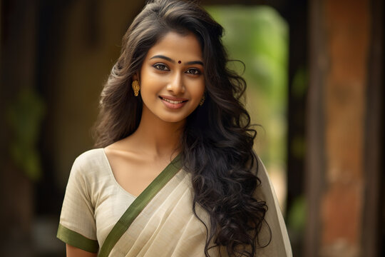 Happy smiling female of Indian ethnicity wearing traditional Kerala style sari in the outdoor.
