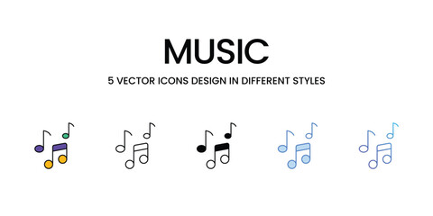 Music Icon Design in Five style with Editable Stroke. Line, Solid, Flat Line, Duo Tone Color, and Color Gradient Line. Suitable for Web Page, Mobile App, UI, UX and GUI design.