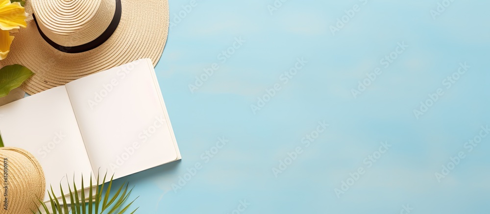 Poster a writing book with summer beach accessories on the background, providing copy space. the arrangemen