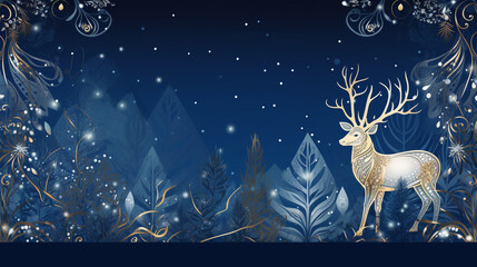 Obraz na płótnie Canvas Christmas blue panoramic background with drawings of deer and patterns of the holiday 