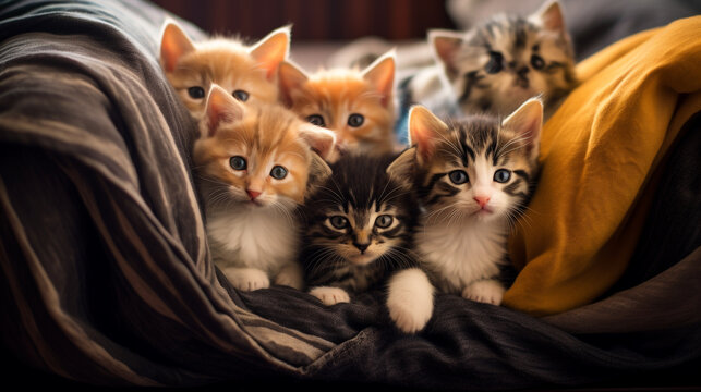 A group of adorable kittens cuddled up together in a cozy blanket fort with generate Ai