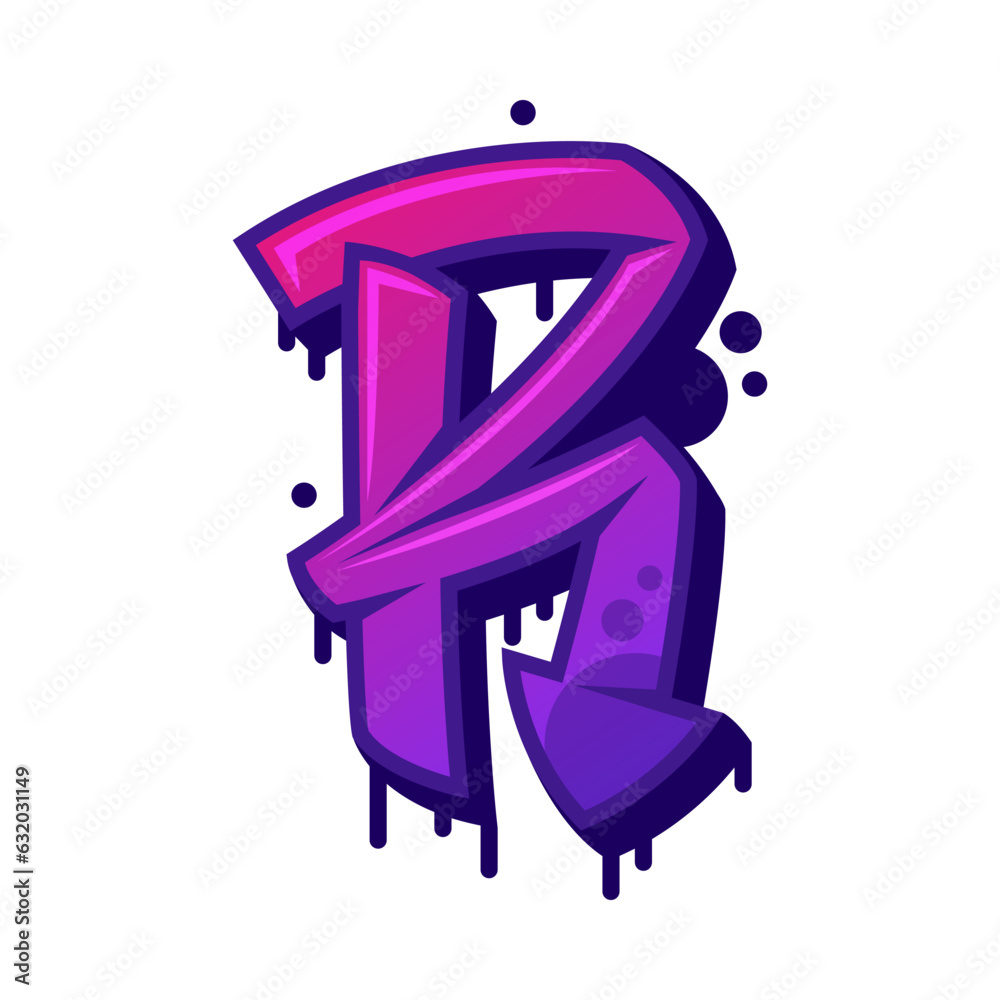 Sticker graffiti alphabet purple font and uppercase letter r vector illustration