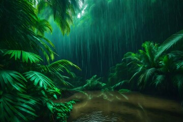 tropical forest in the rainy weather and  trees and a lake   Created using generative AI tools