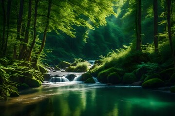 waterfall in the forest on the rocks and flowing downward  Created using generative AI tools