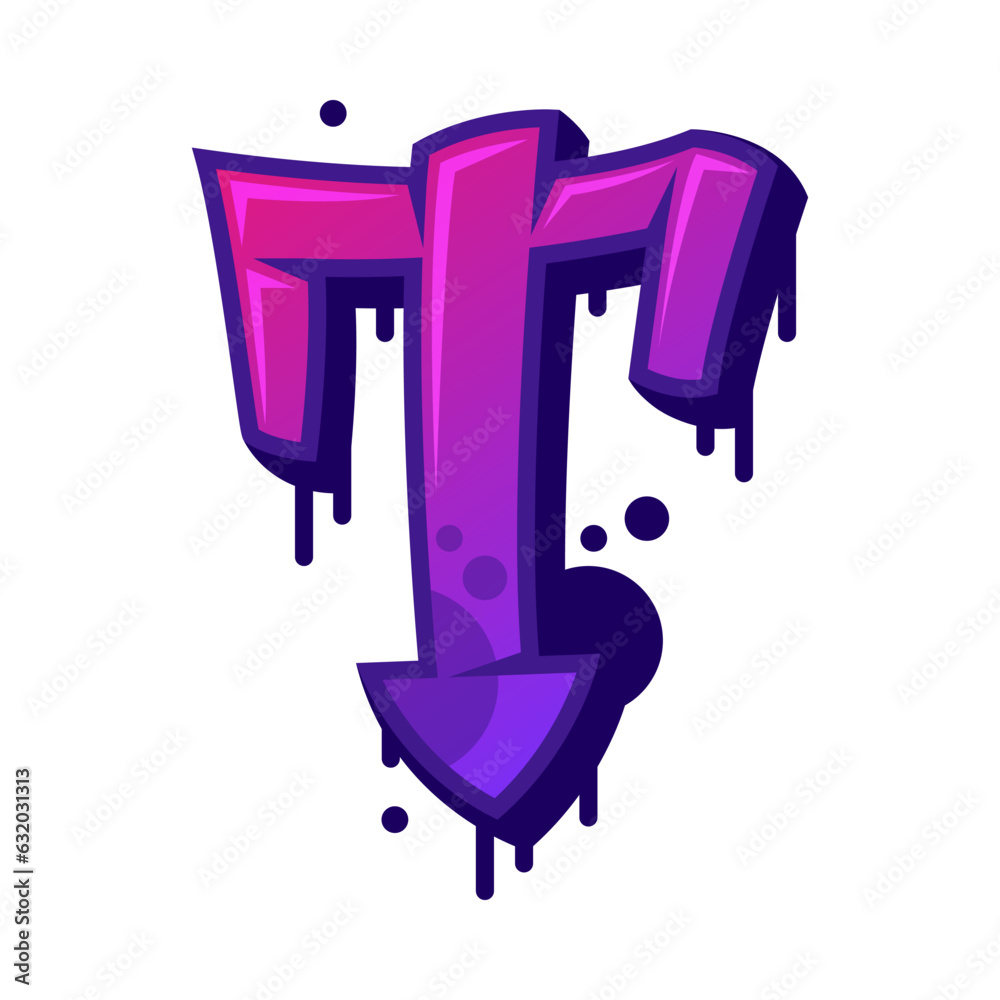 Poster graffiti alphabet purple font and uppercase letter t vector illustration