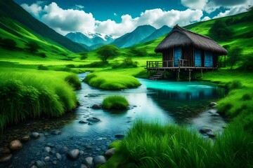 Obraz premium beautiful hut on the beach and a lake view of the colorful green landscape Created using generative AI tools