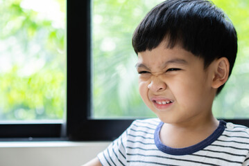 Asian boy surprised or making funny faces and wrinkling nose nearby window with nature background.