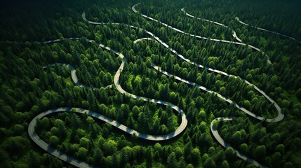 Obraz premium A long country road winds through a dense pine forest.