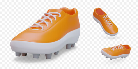 Realistic soccer, rugby boots with spikes. Sports shoes for golf. Special accessories for playing on grass field. Isolated images, view from different sides. Color 3D icon set