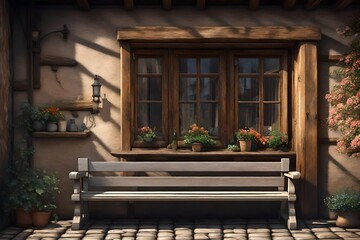 Old wooden bench under the window of an old half-timbered house. quiet street of an old european village 3d rendering