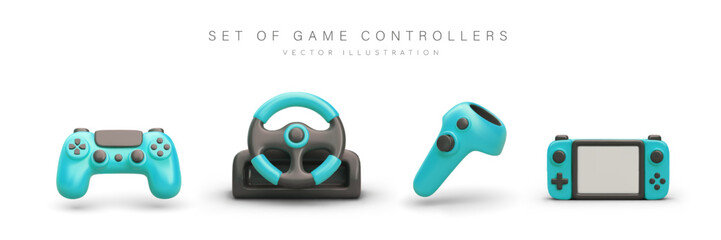 Set of blue game controllers. Realistic image of gamepad, console, steering wheel. Joystick icons. Isolated vector illustration with shadows on white background. Concept of modern gaming devices © ArtHub02