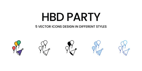 Hbd Party Icon Design in Five style with Editable Stroke. Line, Solid, Flat Line, Duo Tone Color, and Color Gradient Line. Suitable for Web Page, Mobile App, UI, UX and GUI design.