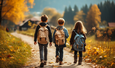 Obraz premium Fall Education: Children with Backpacks Going to School