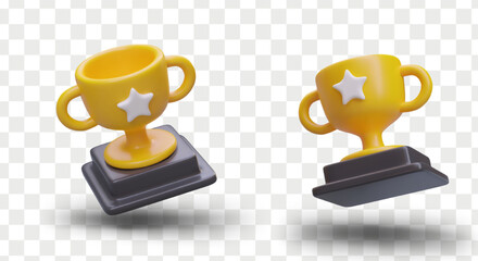 Set of winner cups. Golden trophy bowl on stand. Award, prize, symbol of leader. Victory in competition. Isolated vector image. Icons for game, site, application
