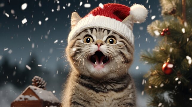 Christmas funny cat surrounded by snowflakes