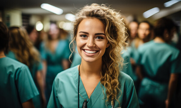 Confident Young Nursing Student with Hospital Team