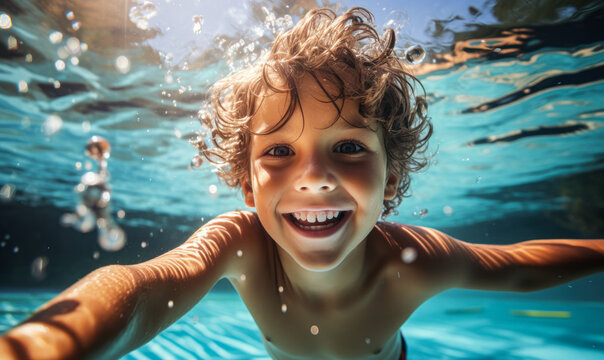 Happy kid swimming underwater and having fun. Happy childhood and summer vacation.