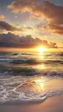 sunrise on the shore animation, seamless looping video background animation, cartoon style, vertical video