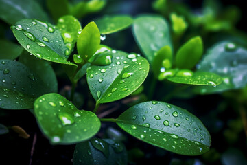 Green leaves with dew droplets
