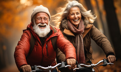 Obraz premium Happy Senior Couple Riding Bicycle in Autumn