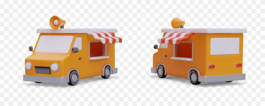 Realistic food truck, front and rear view. Color vehicle for street trade. Car with shop canopy and horn on roof. Set of detailed isolated vector images