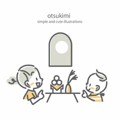 お月見を楽しむ女の子と赤ちゃん　シンプルでお洒落な線画イラスト