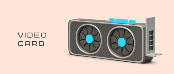 Horizontal poster with realistic video card. Concept for spare parts store. Advertising of services of computer master. Professional repair, selection and replacement of parts
