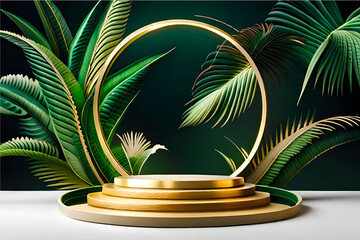 product podium, palm tree on black background 