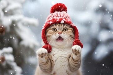Christmas funny cat surrounded by snowflakes