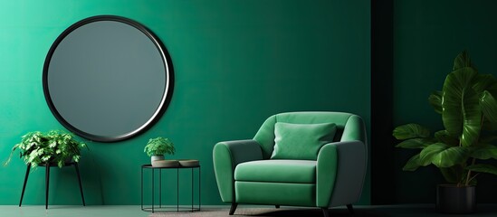 The living room interior features a green armchair positioned against a blue wall, accompanied by a round mirror. also a white wall with ample space for displaying or hanging items.