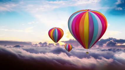 Naklejka premium Colorful hot air balloons above the clouds. 3D illustration