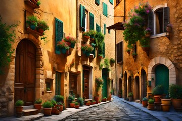 Fototapeta na wymiar Colorful street in Pienza, Tuscany, Italy 3d rendering