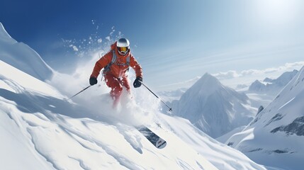Naklejka na ściany i meble A skier in a orange jacket is skiing in the bright sun and blue sky-