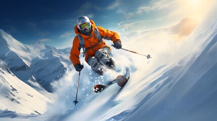 Naklejka na ściany i meble A skier in a orange jacket is skiing in the bright sun and blue sky-