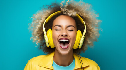 Woman portrait happiness headphones studio lifestyle music happy smile beauty positive leisure lady listen