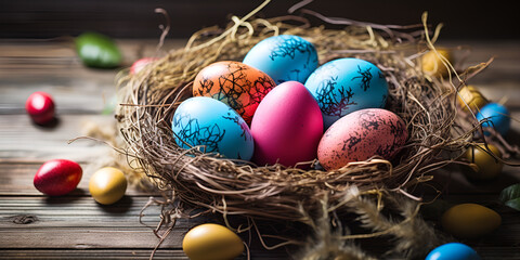 Fototapeta na wymiar Many colorful easter eggs in the nest on rustic table.
