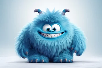 Fotobehang Cute blue furry monster 3D cartoon character © Denis